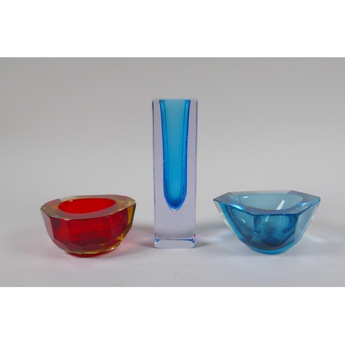 45 - A 1960s Murano 'Sommerso' glass vase and two 'Sommerso' faceted glass ash trays, unmarked, largest 1... 