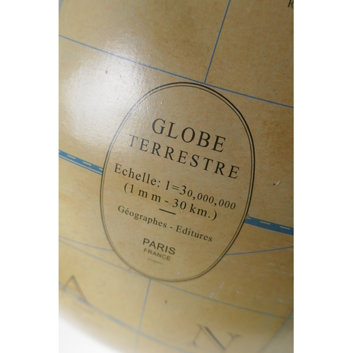 48 - A French terrestrial globe on wood stand, 70cm high