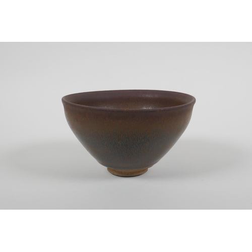 53 - A Chinese Jian ware bowl with hares fur glaze, 2 character mark to base, 12cm diameter