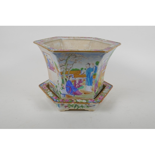 6 - A C19th Chinese Canton famille rose porcelain planter and dish of hexagonal form, decorated with fig... 