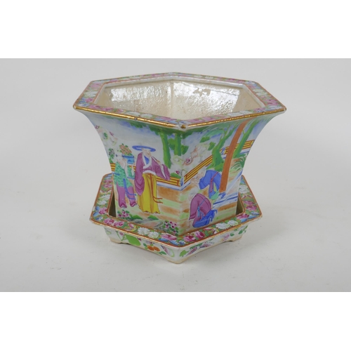 6 - A C19th Chinese Canton famille rose porcelain planter and dish of hexagonal form, decorated with fig... 