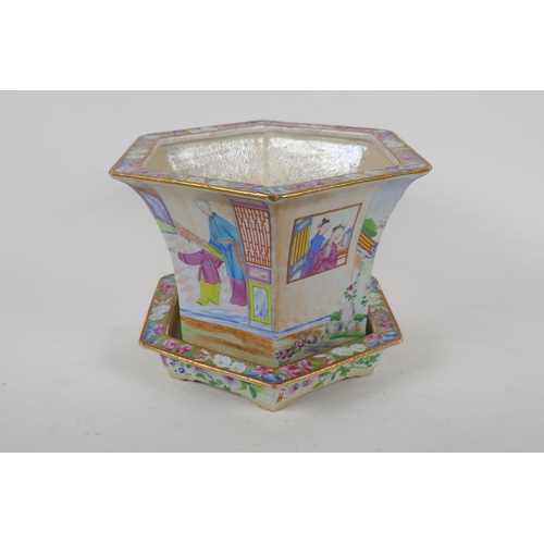 6 - A C19th Chinese Canton famille rose porcelain planter and dish of hexagonal form, decorated with fig... 