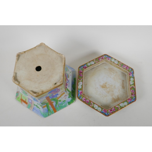 6 - A C19th Chinese Canton famille rose porcelain planter and dish of hexagonal form, decorated with fig... 