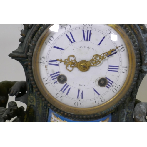 605 - A C19th French Le Roy & Fils gilt bronze mantel clock with Sevres style inset porcelain plaques,... 