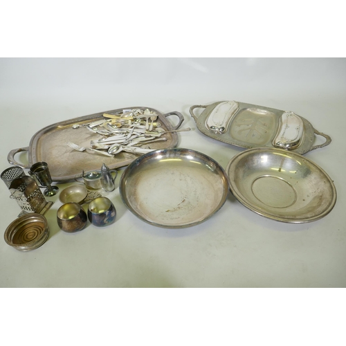 608 - A quantity of silver plated ware, serving trays, flatware etc