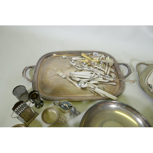 608 - A quantity of silver plated ware, serving trays, flatware etc