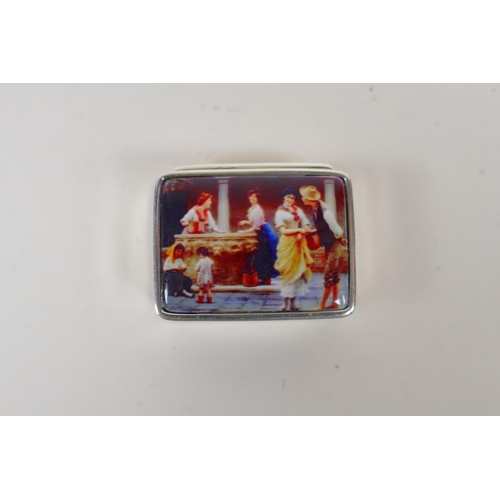 613 - A sterling silver pill box decorated with a cold enamel plaque depicting figures in a courtyard, 3 x... 