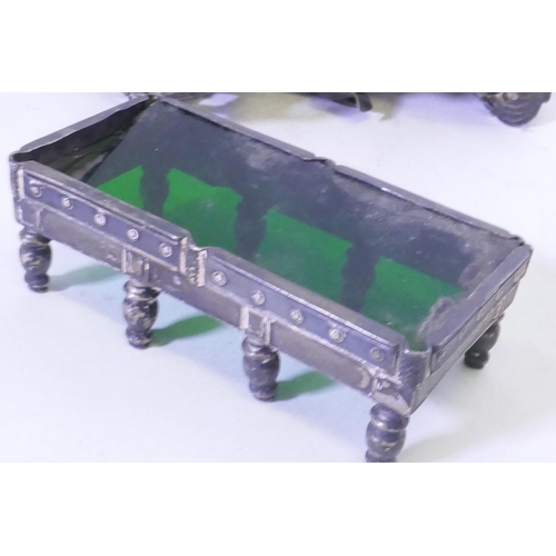 620 - A miniature silver model of a billiard table with inset green glass, 9 x 5 x 3cm, scrap silver vase ... 