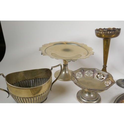 630 - A antique silver stem vase, Chester 1915, and a quantity of silver plate to include tazzas, jugs, go... 