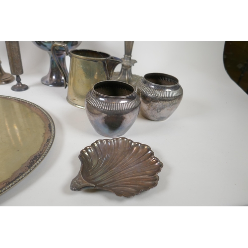 630 - A antique silver stem vase, Chester 1915, and a quantity of silver plate to include tazzas, jugs, go... 