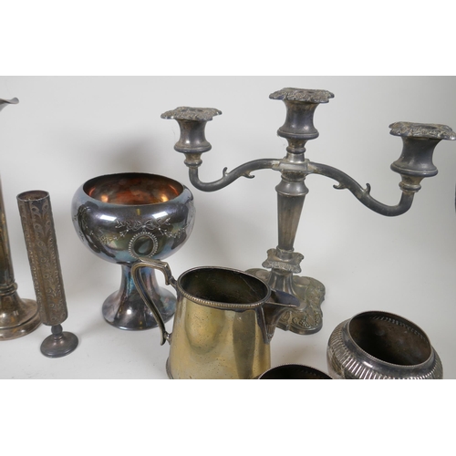 630 - A antique silver stem vase, Chester 1915, and a quantity of silver plate to include tazzas, jugs, go... 