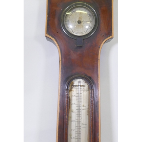 636 - C19th mahogany banjo barometer with silvered dials, inscribed Ruff Exeter, 95cm long