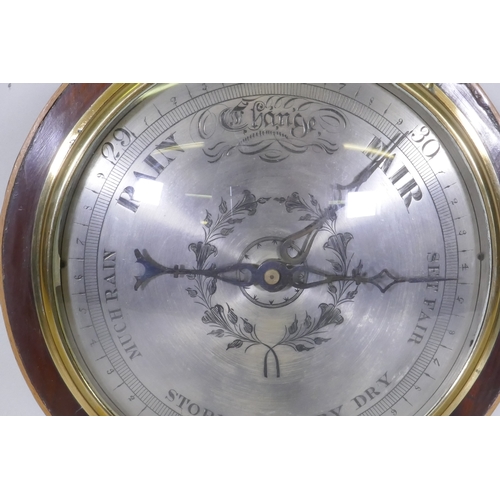 636 - C19th mahogany banjo barometer with silvered dials, inscribed Ruff Exeter, 95cm long