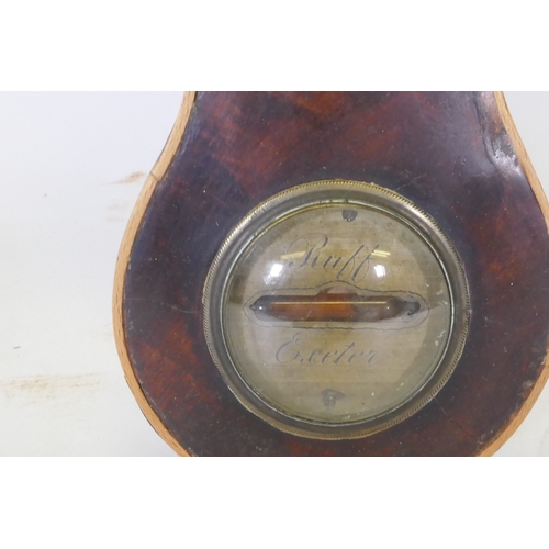 636 - C19th mahogany banjo barometer with silvered dials, inscribed Ruff Exeter, 95cm long