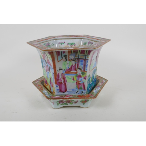 7 - A C19th Chinese Canton famille rose porcelain planter and dish of hexagonal form, decorated with fig... 