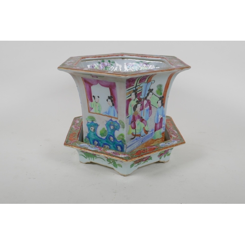 7 - A C19th Chinese Canton famille rose porcelain planter and dish of hexagonal form, decorated with fig... 