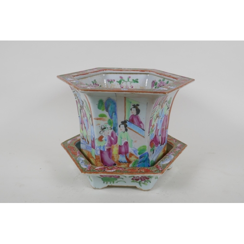 7 - A C19th Chinese Canton famille rose porcelain planter and dish of hexagonal form, decorated with fig... 