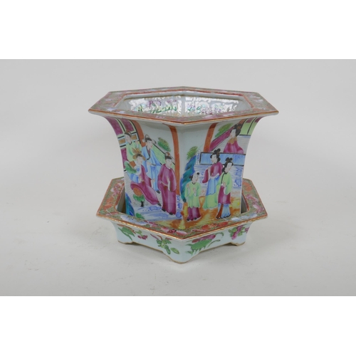 7 - A C19th Chinese Canton famille rose porcelain planter and dish of hexagonal form, decorated with fig... 