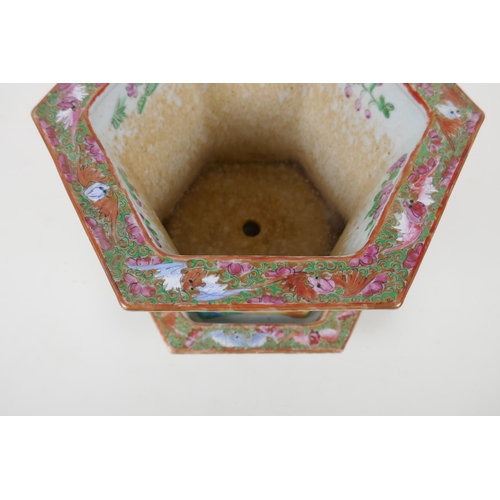 7 - A C19th Chinese Canton famille rose porcelain planter and dish of hexagonal form, decorated with fig... 