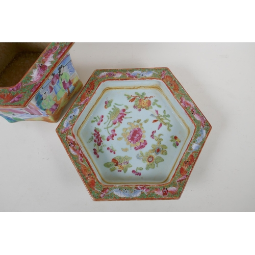 7 - A C19th Chinese Canton famille rose porcelain planter and dish of hexagonal form, decorated with fig... 