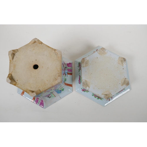 7 - A C19th Chinese Canton famille rose porcelain planter and dish of hexagonal form, decorated with fig... 