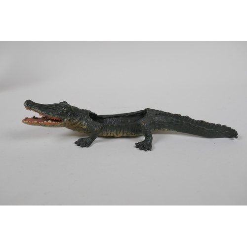 77 - A cold painted bronze crocodile pin tray, in the manner of Bergmann, 22cm long