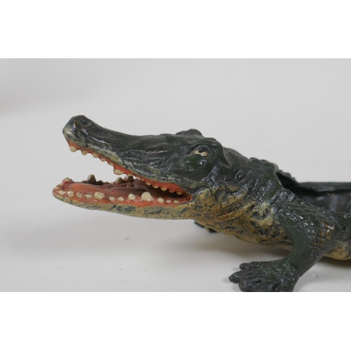 77 - A cold painted bronze crocodile pin tray, in the manner of Bergmann, 22cm long