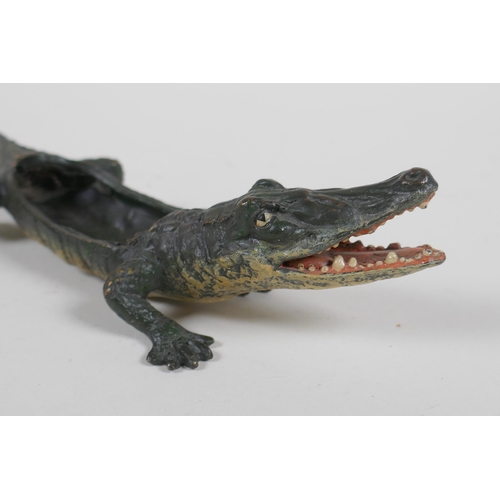 77 - A cold painted bronze crocodile pin tray, in the manner of Bergmann, 22cm long