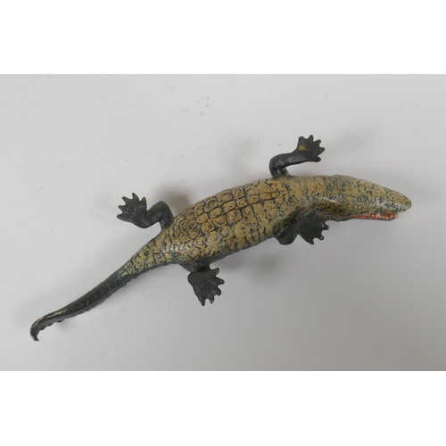 77 - A cold painted bronze crocodile pin tray, in the manner of Bergmann, 22cm long