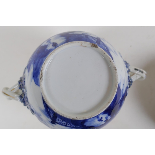 79 - An C18th Pearlware two handled jar and cover, decorated with the Willow pattern, with historic repai... 