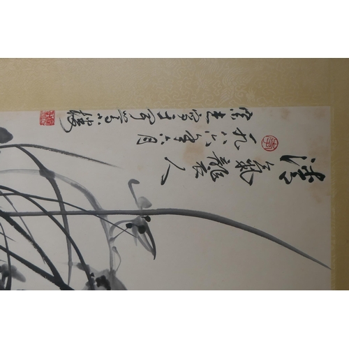 807 - A Chinese monochrome watercolour of orchids and bamboo, signed, early C20th, 44 x 67cm