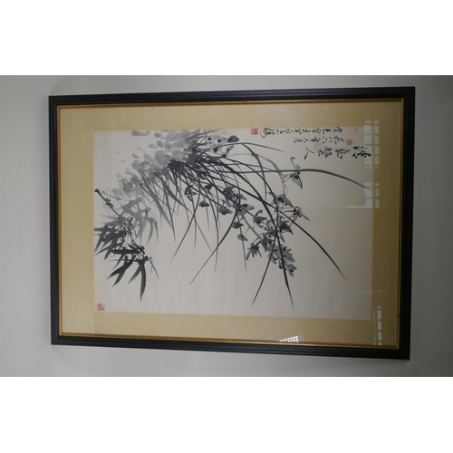 807 - A Chinese monochrome watercolour of orchids and bamboo, signed, early C20th, 44 x 67cm