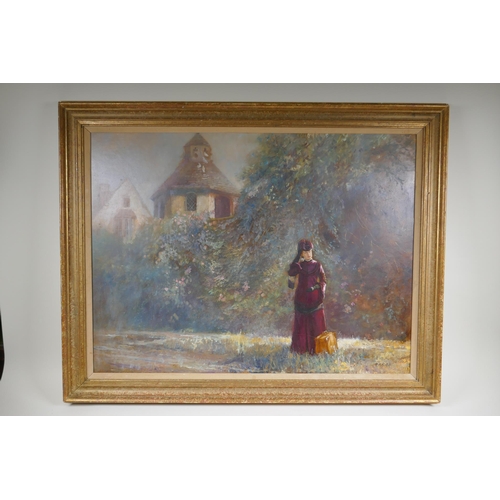 821 - P. Masco, young lady in a landscape, signed, oil on board, 59 x 79cm