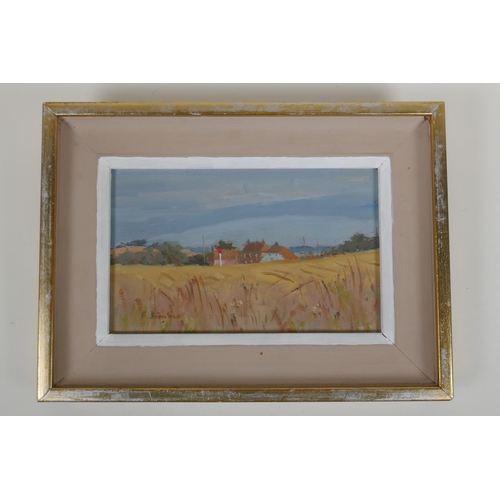 822 - A cornfield with distant house, indistinctly signed, dedication verso, oil on board, 20 x 13cm