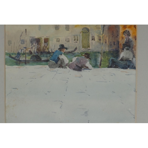 827 - E.M. Synge, (British, 1860-1913), figures on a Venetian canal, watercolour circa 1900, and a C19th w... 