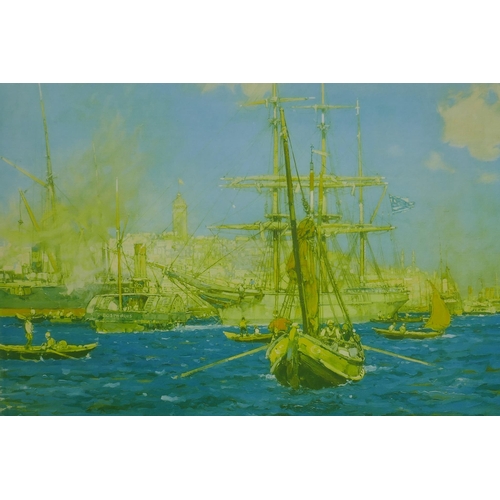 836 - Frank Brangwyn, signed print, shipping off Constantinople, with blind stamp, together with a William... 