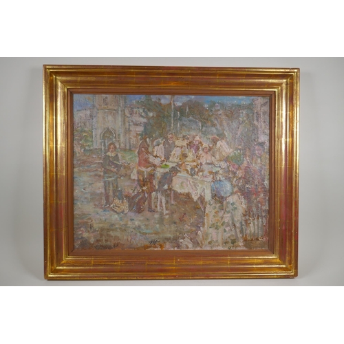 844 - Figures at a street market, monogrammed, housed in a good water gilt frame, Impressionist style oil ... 