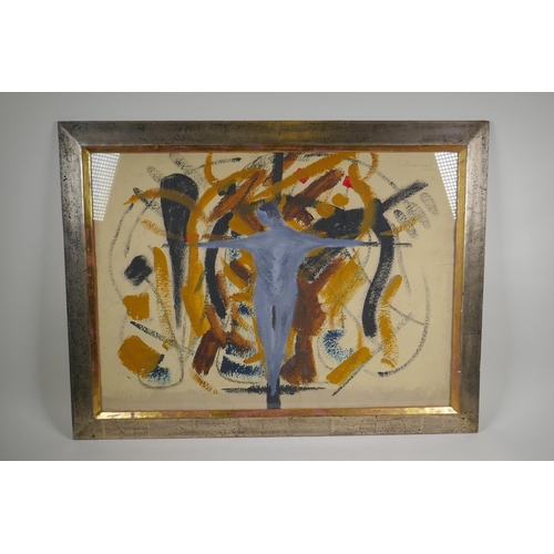 846 - Abstract study of Christ on the Cross, after Sutherland, mixed media painting, 51 x 71cm