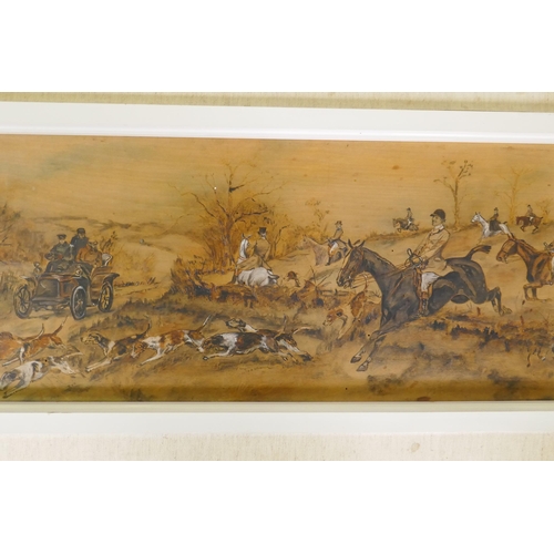 869 - A set of four hunting scenes, ink and watercolour on board, early/mid C20th, unsigned, 25 x 47cm