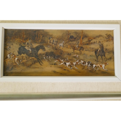 869 - A set of four hunting scenes, ink and watercolour on board, early/mid C20th, unsigned, 25 x 47cm