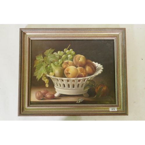 874 - Edna Bizon, fruit in a pierced dish, signed, oil on canvas, 46 x 36cm