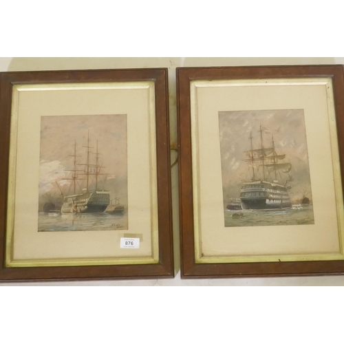 876 - W.E. Atkins, HMS Victory and St Vincent, a pair of watercolours of the ships at anchor, signed, 19 x... 