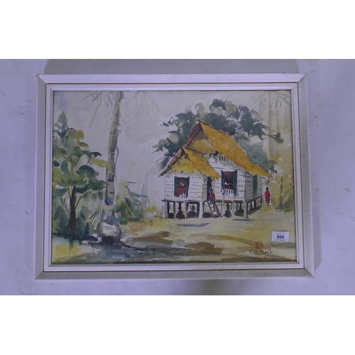 880 - Jungle landscape with figures by a dwelling, watercolour, signed with a seal mark, 54 x 39cm