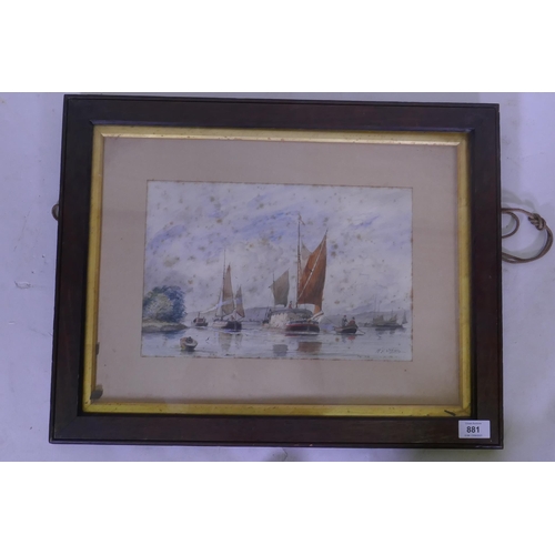 881 - W.E. Atkins, sailing barges with steam tug, watercolour, signed, 34 x 22cm