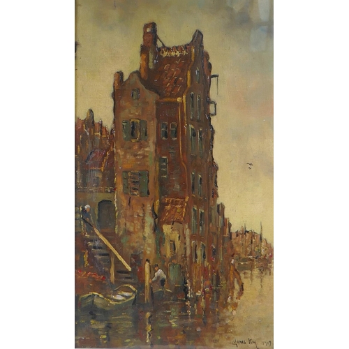 885 - After James Kay, (Scottish, 1858-1942), canal side buildings with figures, oil on canvas laid on boa... 