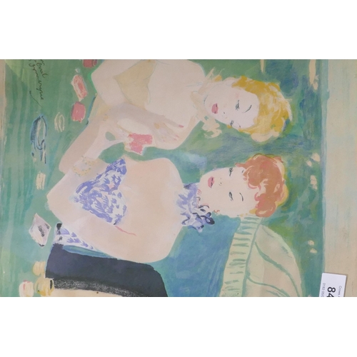 891 - Jean-Gabriel Domergue, two ladies at the casino table, lithograph, signed in pencil, folded over a c... 