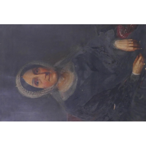 892 - A portrait of a woman in black with lace bonnet, oil on canvas, unsigned, 71 x 92cm