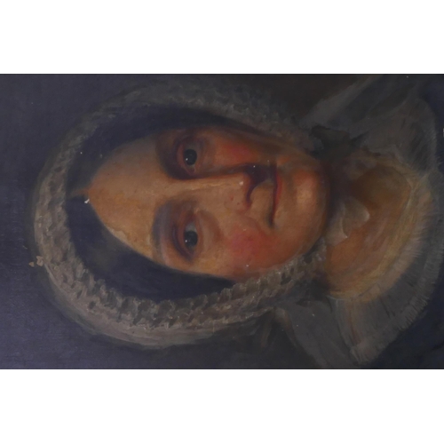 892 - A portrait of a woman in black with lace bonnet, oil on canvas, unsigned, 71 x 92cm