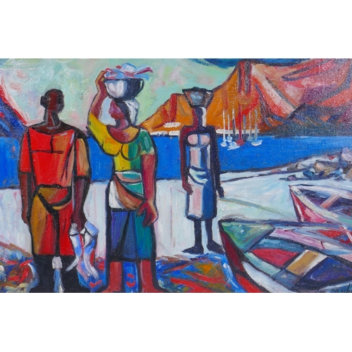 895 - After Maurice Van Essche, (Belgian, 1906-1977), Cape Fisherfolk, oil on canvas board, 40 x 30cm