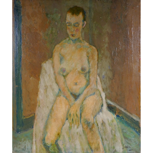 896 - In the style of Chaim Soutine, (French, 1893-1943), female nude, oil on canvas, unframed, 55 x 64cm